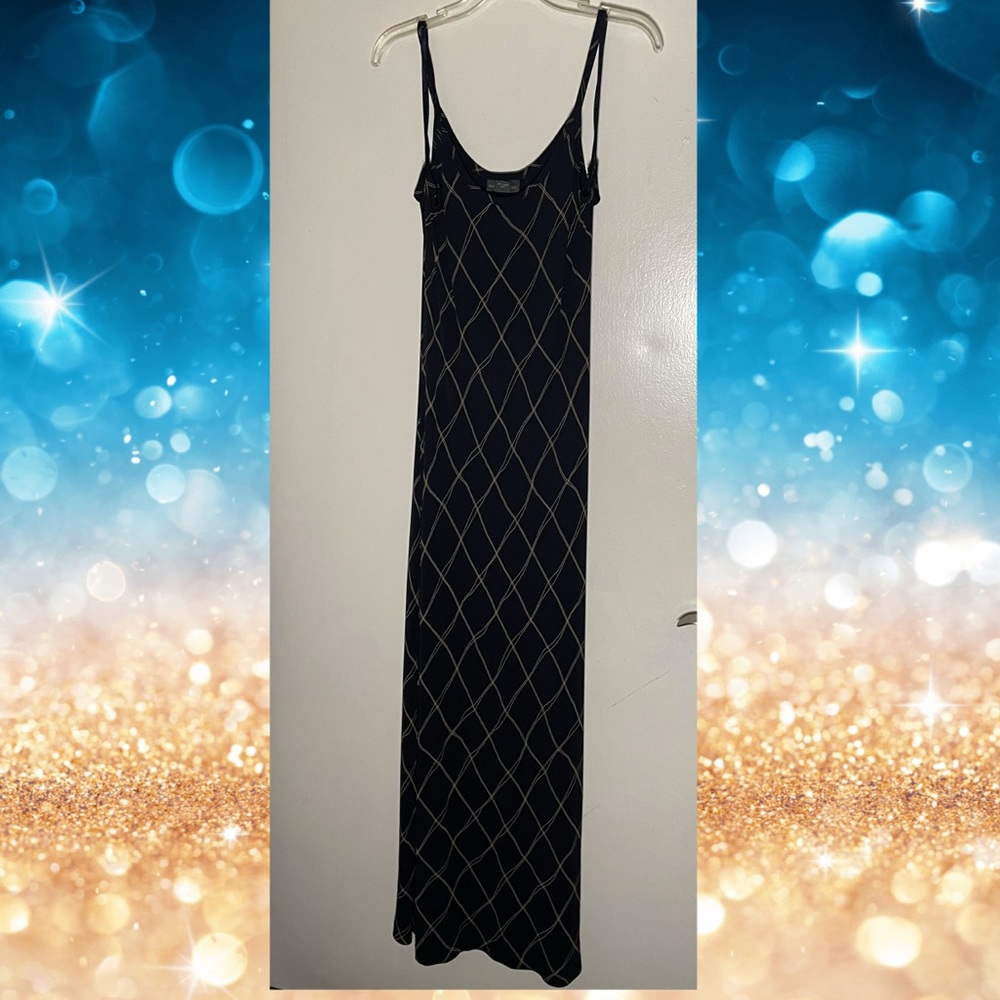 Banana Republic strap dress, navy blue gold stripe